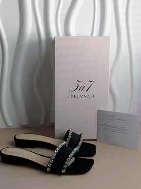 NIB Cinq à Sept Catherine Crystal Slide Sandals Black Satin Sz 38/US 8 $345